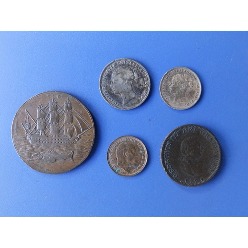 168a - A 1796 copper Promissory halfpenny, a 1799 farthing, 1875 sixpence, 1877 & 1881 threepence pieces, a... 