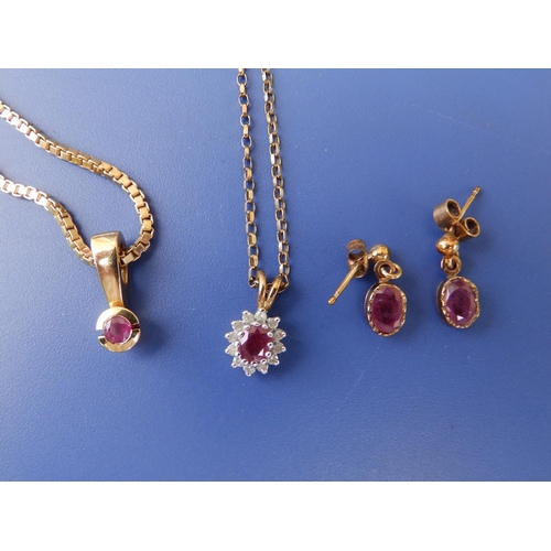 229 - A modern 18ct gold ruby pendant on 9ct box link chain, a ruby cluster pendant on 9ct necklace chain ... 