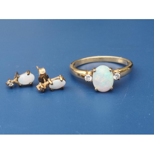 236 - A modern opal & diamond set 18ct gold ring, finger size P/Q, together with a small pair of 9ct gold ... 