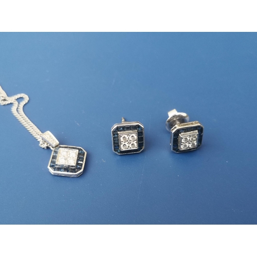 265 - A pair of sapphire & diamond set square cluster earrings and matching pendant in 750 white metal, fo... 