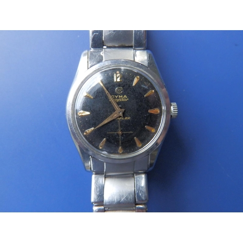 297 - A gent's Cyma black dial Navystar Cymaflex bracelet wrist watch with subsidiary seconds.