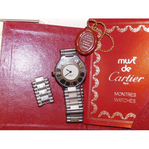 305 - A boxed  Must de Cartier Quartz stainless steel bracelet watch with half-hunter style dial, original... 