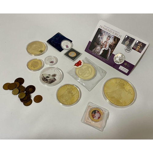 164a - A collection of large commemorative coins and medallions, some gold plated and a small collection of... 