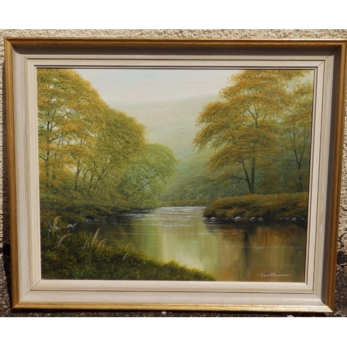 2 - David J. Lawrence - oil on canvas - 'River Bank at Withypool, Exmoor', signed,  19.5