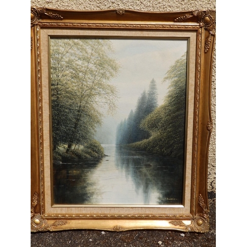 2 - David J. Lawrence - oil on canvas - 'River Bank at Withypool, Exmoor', signed,  19.5