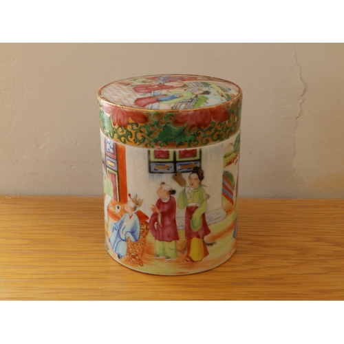23 - A Cantonese porcelain cylindrical jar , 3.6