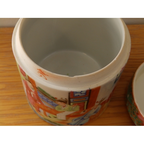 23 - A Cantonese porcelain cylindrical jar , 3.6