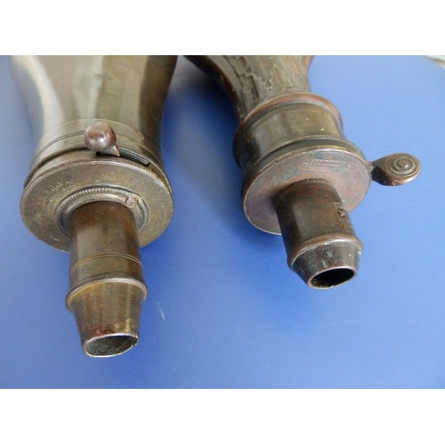 36 - A Sykes patent copper powder flask and another by Hawksley. (2)