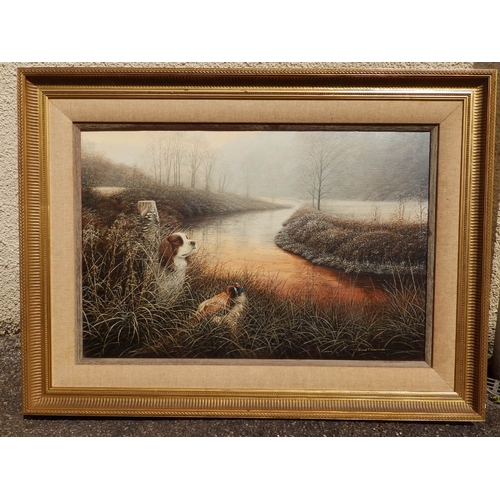 4 - David J. Lawrence - oil on canvas - 'Springer Spaniel, River Exe', signed & inscribed verso, 19.5