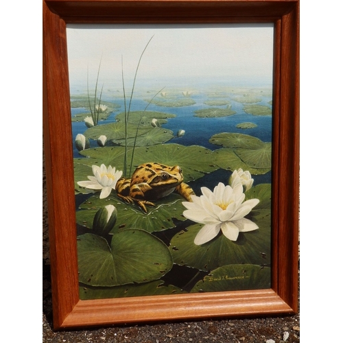 5 - David J. Lawrence - oil on canvas - 'Prince Charming', a frog seated on lily pads, signed & inscribe... 