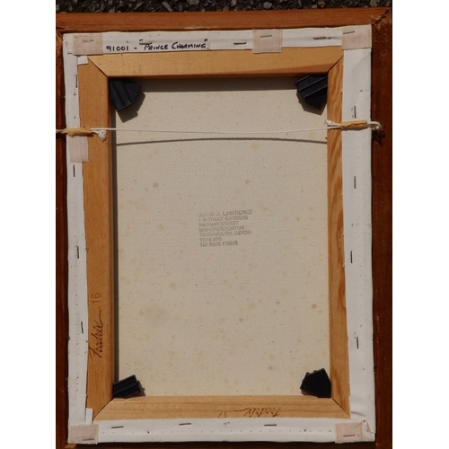 5 - David J. Lawrence - oil on canvas - 'Prince Charming', a frog seated on lily pads, signed & inscribe... 