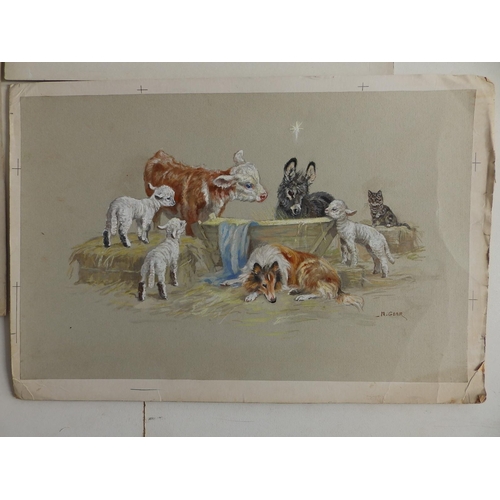 7 - Mabel Gear (1898-1987) - three unframed signed watercolours - two greeting card designs showing anim... 