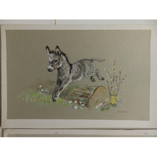 7 - Mabel Gear (1898-1987) - three unframed signed watercolours - two greeting card designs showing anim... 
