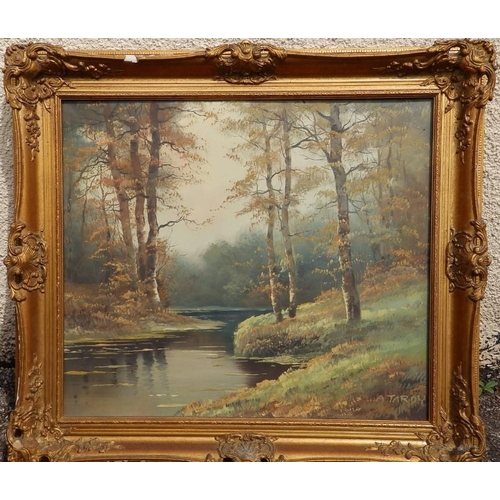 1 - Andre Tardy (French 20thC) - oil on canvas - Woodland scene with river, signed, 19.5