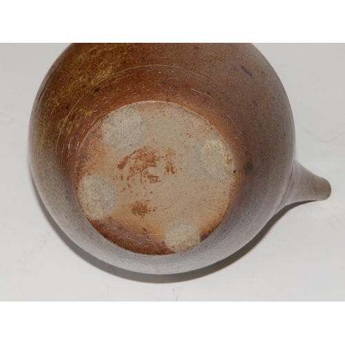 29 - A saltglazed studio teapot with tapering spout, U-shaped bamboo handle - 'HC?' monogram,  7.5