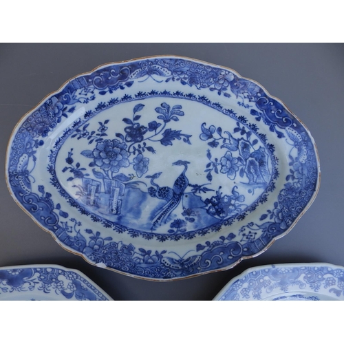 39 - A Chinese oval blue & white porcelain dish - a/f and two blue & white porcelain plates. (3)