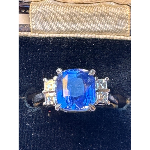 300 - A certified natural 3.54 carat Sri-Lankan sapphire & diamond ring, the four-claw set rectangular cus... 