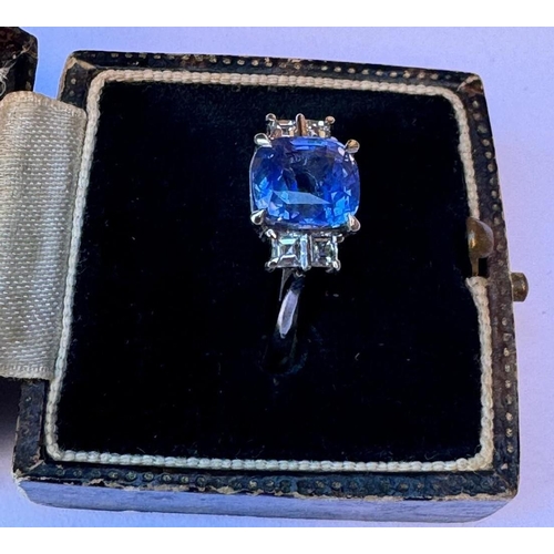 300 - A certified natural 3.54 carat Sri-Lankan sapphire & diamond ring, the four-claw set rectangular cus... 