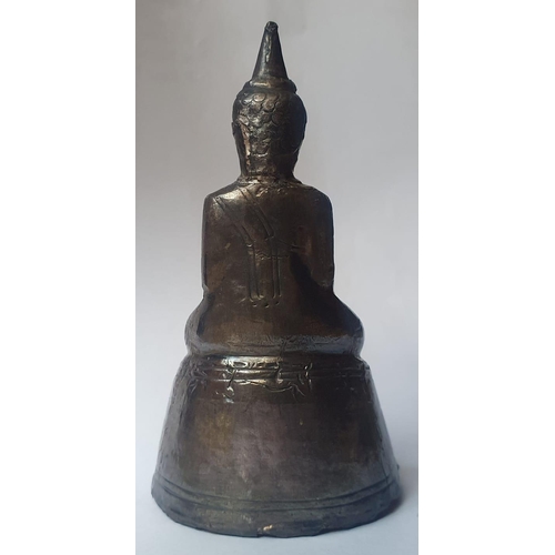 57 - A small Asian Buddha in silver overlaid with a Chinese brown jade panel, 3.5