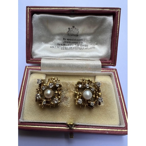 295 - A pair of 1970's certified natural saltwater pearl & diamond set clip-on earrings in yellow metal, o... 