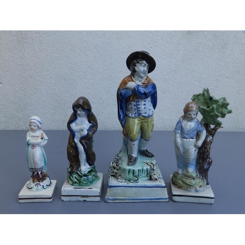 45 - Four 18thC English pottery Pratt type figures on square bases, the tallest 7.75