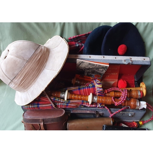 125b - A large collection of military and related items including a set of Scottish bagpipes.