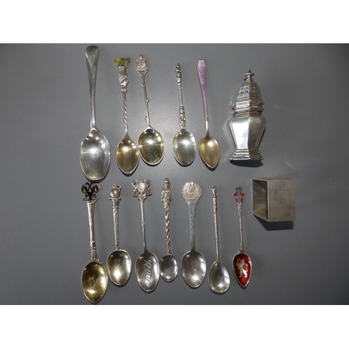 158 - A silver pepperette,  teaspoons and a silver napkin ring.