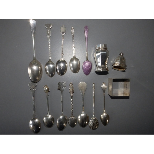 158 - A silver pepperette,  teaspoons and a silver napkin ring.