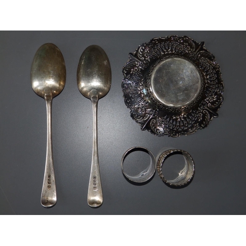 161 - A pair of Old English pattern silver table spoons - London 1912,  a pierced silver sweetmeat dish an... 