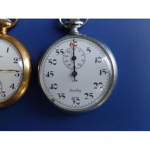 185 - A Breitling stop watch and two gold plated pocket watches. (3)