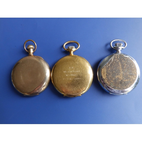 185 - A Breitling stop watch and two gold plated pocket watches. (3)