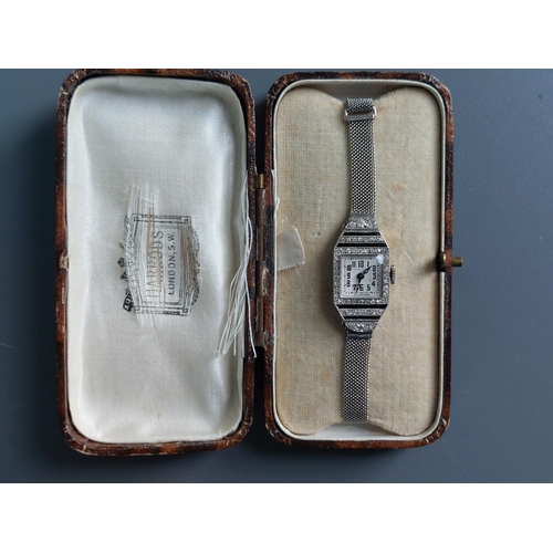 209 - A boxed  Art Deco lady's diamond & onyx set platinum & 18ct white gold cocktail watch, case width 14... 