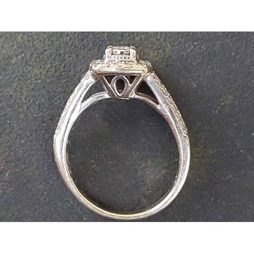 247 - A modern diamond cluster ring with twin rows of diamonds to shoulders, in 9ct white gold.  Finger si... 