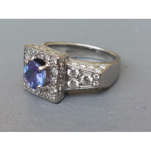 310 - A tanzanite & pave set diamond square cluster style ring, pave set diamonds extending onto the shoul... 