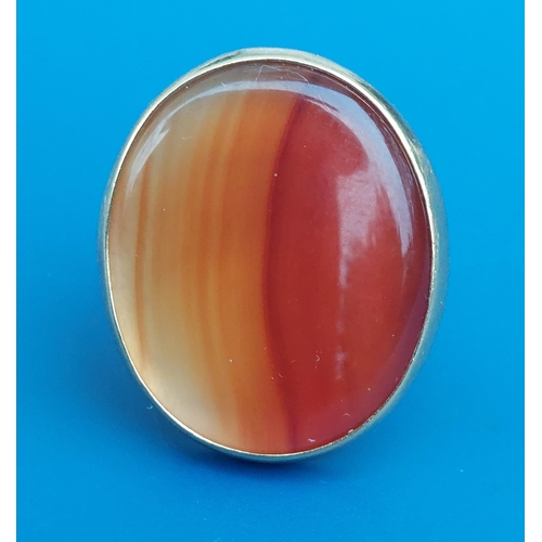 314 - A large agate set  yellow 750 ring, the oval stone panel 30mm across - 'BB'.  Finger size S.