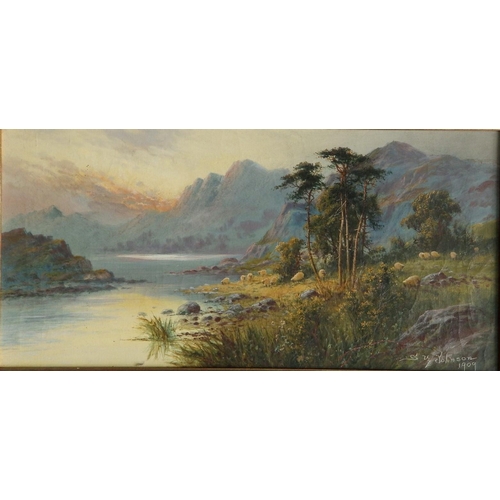 5 - Sidney Yates Johnson (fl.1890-1926) - oil on canvas - A mountain lake with sheep grazing, signed & d... 