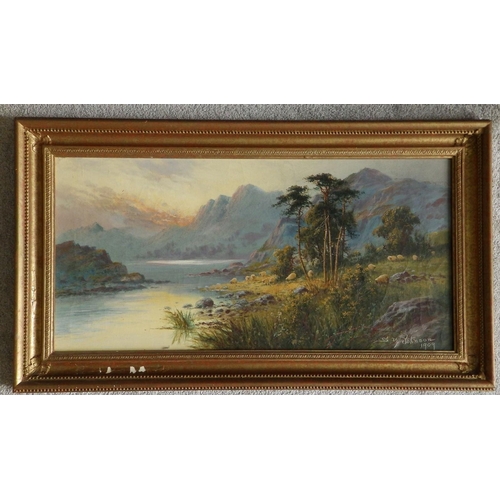 5 - Sidney Yates Johnson (fl.1890-1926) - oil on canvas - A mountain lake with sheep grazing, signed & d... 