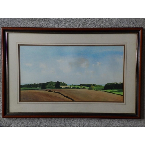 8 - Richard Thorn (born 1952) - watercolour - Coastal scene - a view over fields to the sea, signed, 13