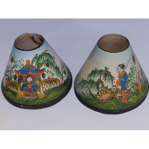 22 - A set of 14 early 20thC Chinese paper lamp shades, of conical form, painted figures, landscapes & bo... 