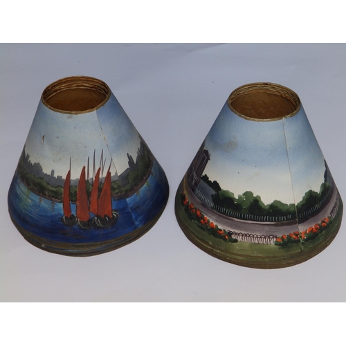 23 - Two sets of six small early 20thC paper lamp shades, of conical form, painted with London views - Bu... 