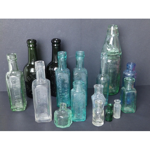 26 - A collection of 15 small glass bottles, including beer bottles and others, two from Hancock of Wivel... 