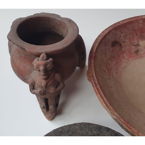 74 - Three South American artefacts, comprising two pottery vessels, the larger 10