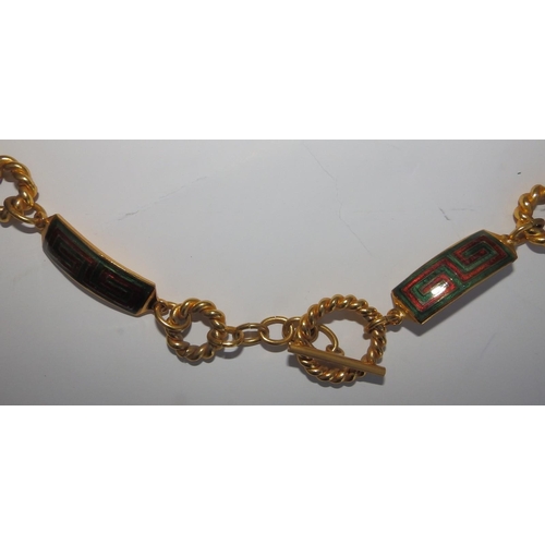 52 - An enamelled gilt metal Gucci belt, comprising green & red Greek key rectangular panels between rope... 