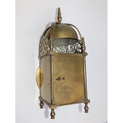 68 - An old reproduction brass lantern clock with English drum movement - 'Finnigans', 12