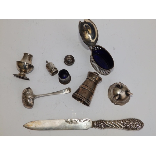 100 - A Birmingham silver-handled bread knife, a sugar sifter and five silver condiment pieces. (7)