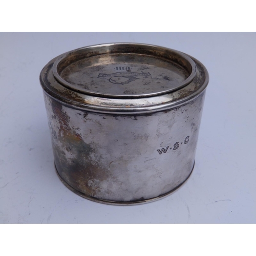 105 - An Edwardian silver presentation tin , the lid engraved with the crest of the Rawlins family - 'Nec ... 