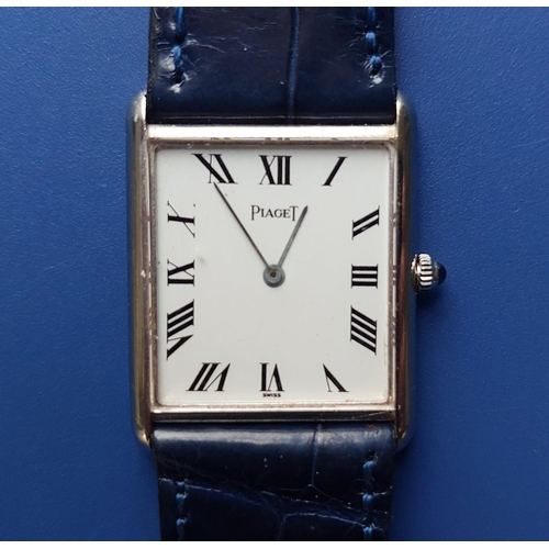 118 - A gent's 18ct white gold Piaget tank wrist watch, the rectangular white dial with Roman numerals, sa... 