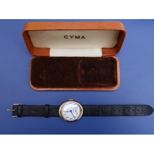 126 - An early 20thC gent's 14ct gold Cyma wrist watch, the white dial  with Arabic numerals, subsidiary s... 