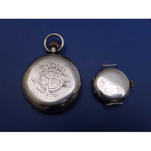 132 - A silver half hunter cased  presentation pocket watch,  50mm diameter and a (damaged)  trench style ... 