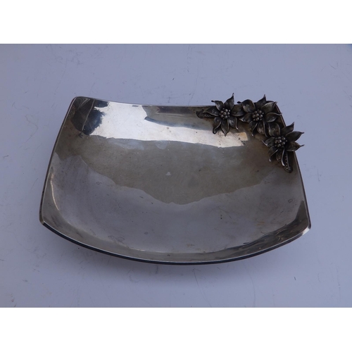 99 - A concaved 925 metal rectangular fruit bowl, applied flowers to one corner, on ball feet - 'AK',  8